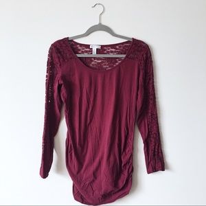 Long Sleeve Maroon Lace Maternity Blouse
